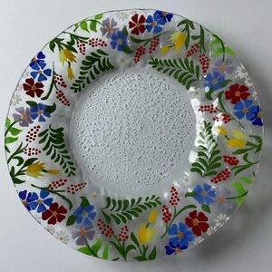 Fused Glass Plate Floral 9.75” Art Colorful Flowers EUC Red Blue Yellow Green